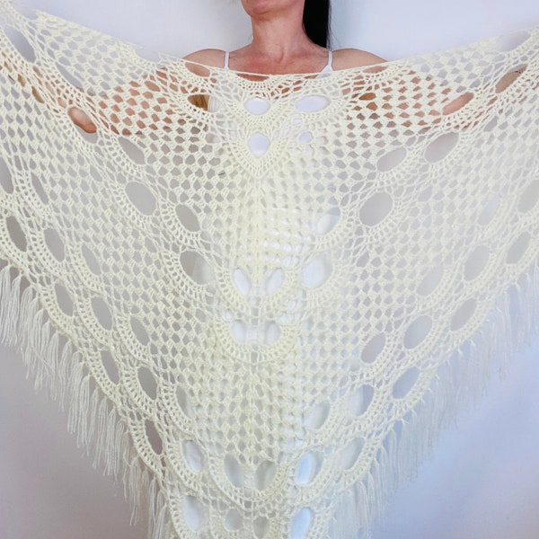 from USA Bridal Wedding Shawl, Ivory Cover Up, Crochet Wrap, Wool Scarf, Fringed, Winter, Bridesmaid Gift, Evening, Lace