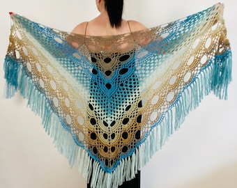 from USA Brown Blue Ombre Shawl, Gradient Alpaca Shawls And Wraps For Women Wool, Crochet Triangle Shawl Fringed, Festival Shawl Boho 88