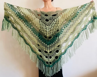 Flecos de chal de alpaca verde, chal de lana Boho para mujer, envoltura triangular de ganchillo Ombre con flecos, chal de festival hippie de EE. UU.