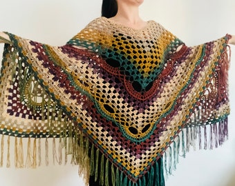 from USA Poncho Women Crochet, Poncho Fringe, Rainbow Boho Poncho, Plus Size Poncho, Hand Knit Poncho Green Brown, Gradient Ombre Poncho