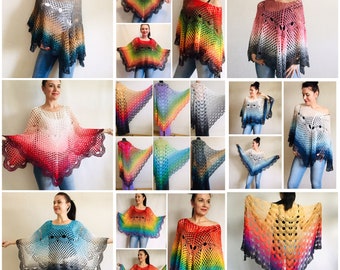 Crochet Poncho Women Boho Shawl Big Size Vintage Rainbow Cotton Boho Fringed Cape Hippie Gift for Her Bohemian Vibrant Colors Boat Neck