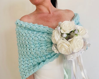 from USA Mint bridal bolero, blue wedding shrug, bride off shoulders wrap, bridesmaid cover up, wool wedding shawl, bridal cover up