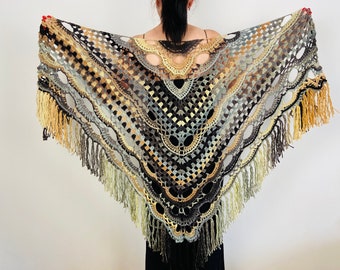 from USA Brown Ombre Crochet Shawl Wool Fringe Shawl Obsidian Gradient Shawl Women Evening Triangle Knit Shoulder Wrap Hippie Festival Shawl