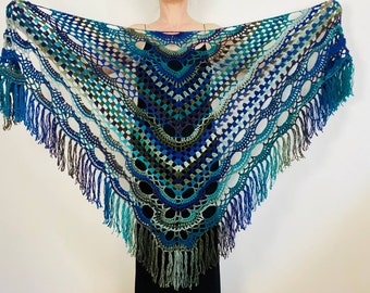 from USA Blue Gradient Shawl Fringe Ombre Crochet Shawl Women Wool Shawl Festival Hippie Rainbow Shawl Evening Shoulder Wrap