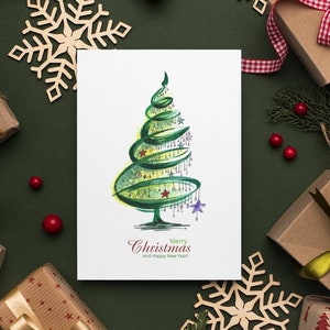 Printed Christmas Tree Greeting Card, Merry Christmas Greeting Card, Instant Download Greeting Cards, Set of 10 Christmas Greeting Card