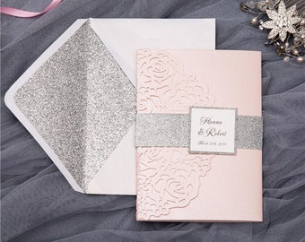Lace Laser Cut Wedding Invitation: Blush Pocketfold, Glitter Details