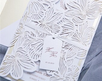 Floral Laser Cut Wedding Invitation Pocketfold: Elegant Navy & Gold