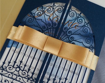 Laser Cut Wedding Invitation: Navy Pocketfold with Gold Ribbon