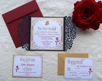 Beautiful Beauty & the Beast Laser Cut Wedding Invitation, Laser Cut Pocket, Birthday Invitations, Wedding Stationery, Pocket Invitations