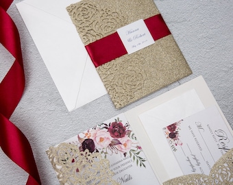 Glitter Laser Cut Pocket Wedding Invitation: Elegant Navy & Gold