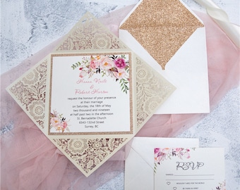 Floral Laser Cut Wedding Invitation: Pocket Fold Stationery