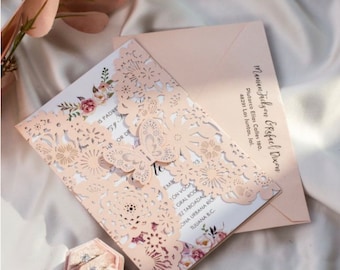 Floral Laser Cut Wedding Invitation: Blush Pocketfold