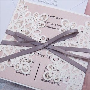 Ideal Grey Ribbon Laser Cut Wedding Invitations
