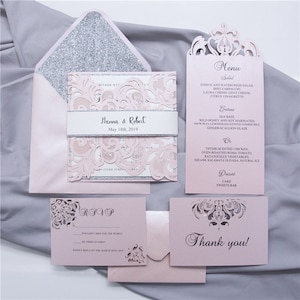 Blush Laser Cut Wedding Invitation Suite, Elegant Pocket Fold, Birthday & Wedding Stationery, Custom Invitations, Luxury Wedding Invitations