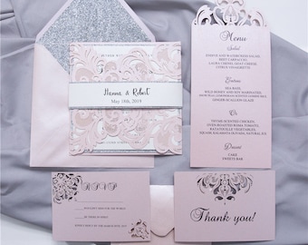Blush Laser Cut Wedding Invitation Suite: Elegant Pocket Fold Design