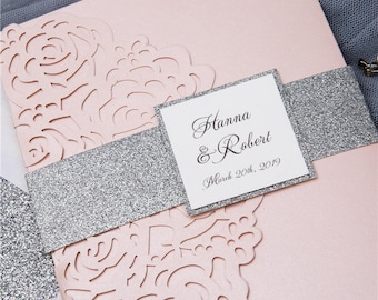 Blush Laser Cut Wedding Invitation Pocket: Shimmer Stationery