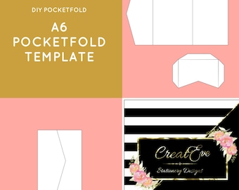 Könnte beinhalten: Eine druckbare A6-Taschenfaltvorlage mit einem schwarz-weiß gestreiften Hintergrund und einem floralen Design mit dem Text "CreatEve Stationery Designs".