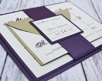 Thermography Wedding Invitation, Purple and Gold Wedding Invitation, Custom Invitations, Wedding Invite, Modern Wedding, Elegant Wedding