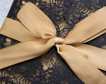 Laser Cut Wedding Invitation: Navy Pocketfold with Gold Ribbon