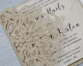 Glitter Laser Cut Wedding Invitation: Champagne Gold Pocket