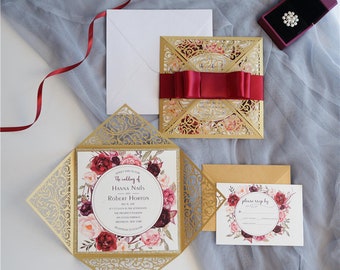 Laser Cut Wedding Invitation: Gold Pocket Fold, Floral Details