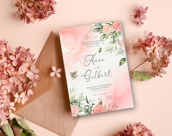 May include: A pink and white wedding invitation with watercolor flowers and greenery. The invitation reads "Join us... together with our loved friends and family... celebrating our wedding... Anne and Gilbert... One o'clock in the afternoon... The Magnolia Church... July 11th, 2026... Save the Date."