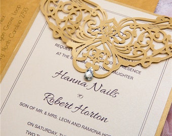 Laser Cut Wedding Invitation: Gold Pocket Fold, Rhinestone Detail