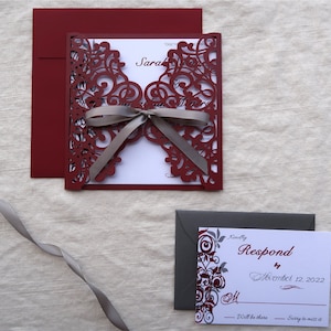 Burgundy & Gray Laser Cut Wedding Invitation