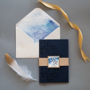Navy and Gold Laser Cut Wedding Invitation, Elegant Pocket Fold Invite, Formal Luxury Wedding Stationery Suite