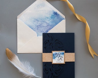 Navy & Gold Laser Cut Wedding Invitation: Elegant Pocket Fold