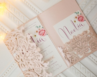 Laser Cut Wedding Invitation: Elegant Pocket Trifold Stationery