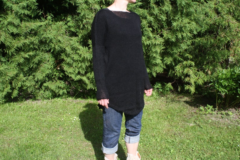 Black sweater women/'s sweater alpaca yarn. soft handmade lightweight