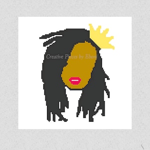May include: Pixelated illustration of a woman with black dreadlocks, a gold crown, and a gold face. The lips are bright pink. The text "Creative Pieces by Eboni" is in the upper left corner. The background is white.