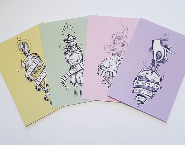 Set Of 4 Harry Potter Potions Tattoo Flash A6 Postcards