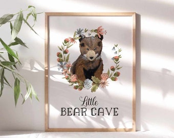 Bear print, Woodland nursery decor over the bed, Little bear cave poster, Baby boy room wall art, Floral botanical print, Printed - shipped