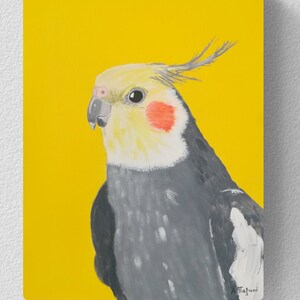 Cockatiel painting on canvas, Original acrylic artwork 16x20 inches, Tropical bird art, Yellow wall art image 10