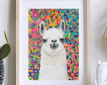 Farbenfroher Lama-Kunstdruck, Boho-Alpaka-Wanddeko, eklektisches Poster