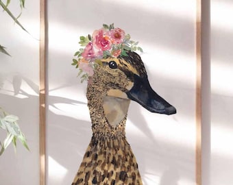 Impression de couronne de fleurs de canard colvert, décoration bohème
