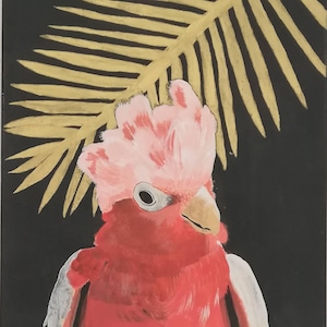 Portrait of curious Galah Cockatoo painting on canvas, 16x20 in (40x50 cm), Original tropical bird artwork, Parrot decor, Black and pink art