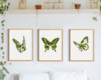 Emerald green wall art, Butterfly print set of 3, Abstract minimalist triptych art,  Dark green wall decor over the bed, Digital download