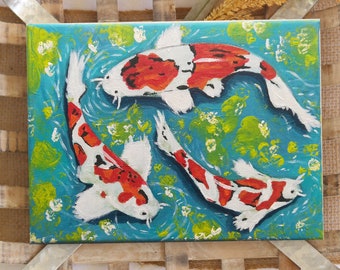 Koi fish painting  on canvas, 9.5x7 in (24x18 cm), Green and red wall art, Feng shui decor, Japanese Fish art, New apartment gift