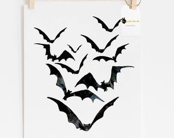 Halloween Bats Print, Spooky Season Decor, Black & White Wall Art, Home Party Poster