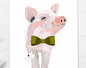 Pink Pig with green bow tie art print, Farm animal nursery decor boy, Baby boy room wall art, Nursery shelf decor, Pig painting, Printed