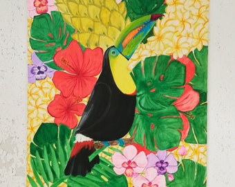 Toucan painting on canvas, Original bird artwork, 20 by 27,5 in (50x70 cm), Colorful wall art, Tropical leaves and flowers painting, Signed