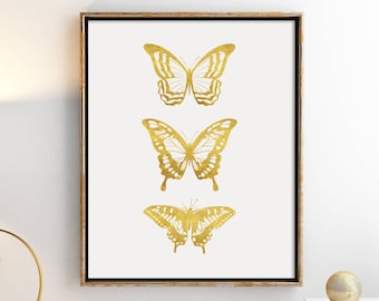 Gold butterfly print, Abstract minimalist wall art, Butterfly printable art, Gold nursery decor, Digital download