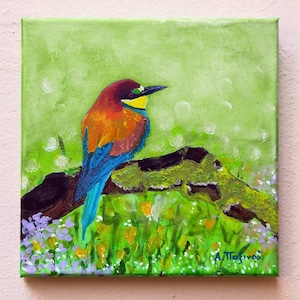 Original Bird Painting on Canvas – 8x8&quot; Bee Eater Wall Art, Hand Painted Wildlife Art, Small Nature Painting, Unique Animal Lover Gift
