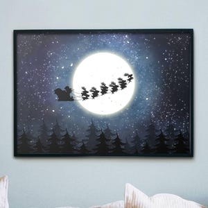 Santa claus with sleigh and reindeer print, Christmas printable wall art, Santa claus is coming, Christmas eve night print, Digital download