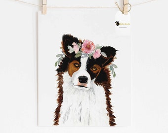 Australian Shepherd art print, Farm nursery decor, Girl room wall art, Dog with flowers, Nursery shelf decor, Aussie dog gift, Printed