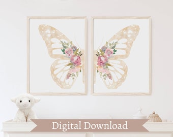 Blush pink nursery wall art, Butterfly prints set of 2, Boho floral nursery prints, Butterfly and flowers wings wall decor, Digital download