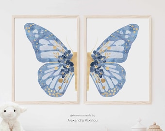 Blue gold nursery wall art, Butterfly prints set of 2, Boho floral nursery prints, Butterfly and flowers wings wall decor, Digital download